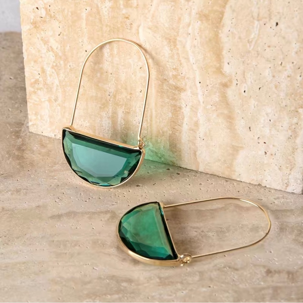 Green Glass Crescent Hoop Earrings